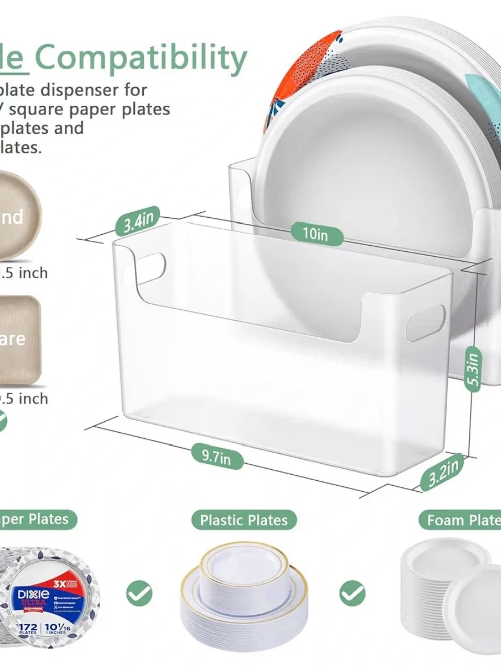 2Pcs Plate Dispenser for 6-9.5 Inch Disposable Plates, Space-Saving Plastic